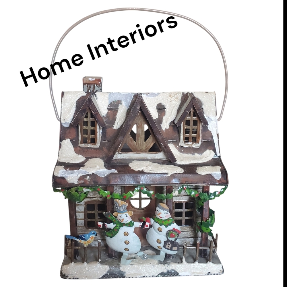 Home Interiors Metal Cabin With Snowmen Tealight Candle Holder